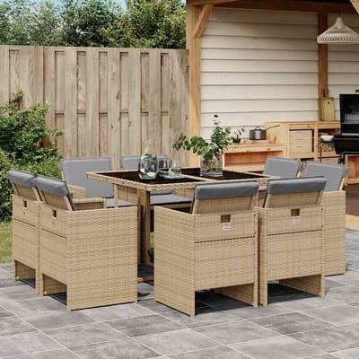 vidaXL - 9-delige - Tuinset - met - kussens - poly - rattan - gemengd - beige