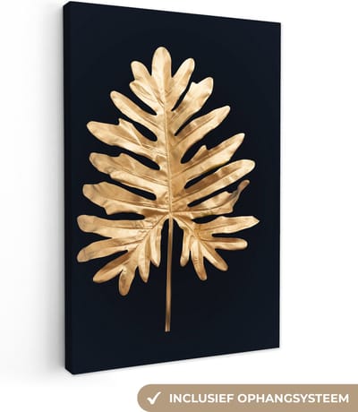Canvas Schilderij Goud - Zwart - Blad - 80x120 cm - Wanddecoratie