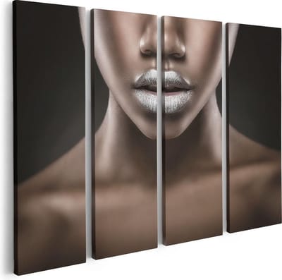 Artaza Canvas Schilderij Vierluik Zilveren Lippen Van Een Afrikaanse Vrouw - 80x60 - Foto Op Canvas - Canvas Print