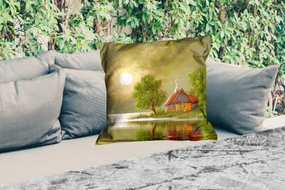 Sierkussen Buiten - Schilderij - Olieverf - Huis - Natuur - Water - 60x60 cm - Weerbestendig