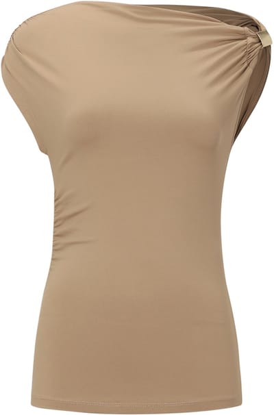 Elegante Off-Shoulder Top met Wafelstructuur – Modieuze Dames Top met Boothals – Ribgebreide Stretchtop met Korte Mouwen en Ruches - Brown - XS