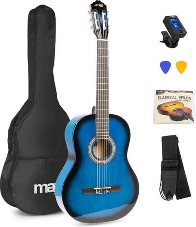 Klassieke Akoestische Gitaar 4/4 - Met Nylon Snaren - MAX SoloArt - Beginnersset met Accessoires - Blauw