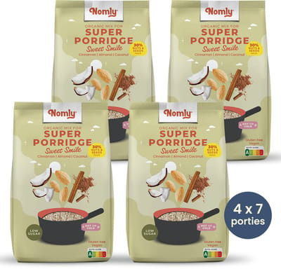 Nomly Super Havermout Sweet Smile - Kaneel Amandel Kokos - overnight oats - laag in suikers - gezond - vegan - 100% glutenvrij - bio - 4 x 280g