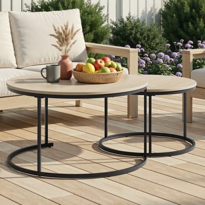 MODENUIT Salontafelset - Ronde Inschuifbare Bijzettafels Voor Woonkamer En Balkon - Metaal En Eikenkleur - 80 Cm