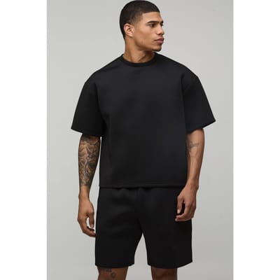 Oversized Boxy Bonded Scuba T-shirt & Ontspannen Short Set | Black | Size XS