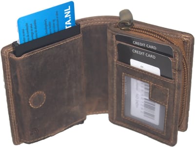 Oi Hunter bruine leren ritsportemonnee met cardprotector / compacte portemonnee met Figuretta pasjeshouder en ritsvak voor muntgeld / complete portemonnee met anti skim kastje / leren beurs met metalen pasjeshouder en ruim ritsvak / bruin leer / 242H