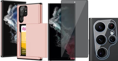 Hoesje met Pasjeshouder geschikt voor Samsung Galaxy S23 Ultra - Privacy Screenprotector FullGuard & Camera Lens Screen Protector - Back Cover SlideCase Roségoud