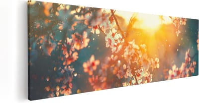 Artaza Canvas Schilderij Bloesemtak - 60x20 cm - Wanddecoratie Bloemen Zonsondergang - Muurdecoratie Lente - Kamer Accessoires
