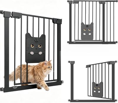 ACXIN Traphekje Zonder Boren 95-105 cm - Met Grote Kattenluik - 180° Dubbelzijdig Openend - Autoclose Dubbel Slot - Metalen Veiligheidshekje voor Baby Hond Kat - Zwart