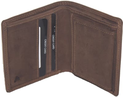 Oi Hunter bruine leren billfold vierkant model met wiener schachtel / compacte portemonnee met vierkant vouw bakje / dun beursje met uitvouwbaar muntvakje / Anti skim / bruin leer / 394H