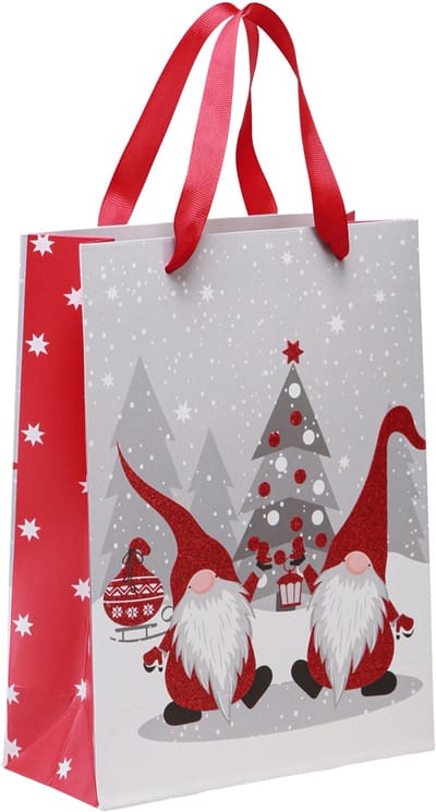 Cadeautas met handvatten, kaboutermotief, rood, grijs, wit, 24×18×8 cm