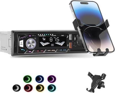 Bluetooth Autoradio 5.0 met Afstandsbediening en Telefoonhouder - 1 DIN Radio Stereo met 7 Kleuren Verlichting, Handsfree Oproep en Snelle Oplaad