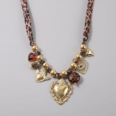 Dames Statement Ketting met Bedels – Luipaardprint & Goudkleurig RVS – Boho Ketting 43+5 cm