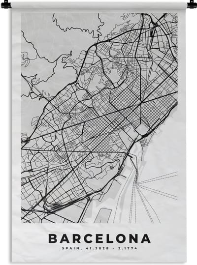 Wandkleed - Wanddoek - Barcelona - Stadskaart - Plattegrond - Zwart Wit - Kaart - 120x180 cm - Wandtapijt