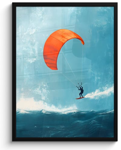 Poster in lijst - Fotolijst 50x70 cm - Posters - Kitesurfer - Oranje - Zee - Lucht - Posterlijst zwart - Decoratie - Wanddecoratie woonkamer - Muurdecoratie slaapkamer