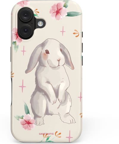 Casetastic hoesje geschikt voor Apple iPhone 16 - MagSafe - Dubbellaagse bescherming - Klein konijntje - Fashion Case - Lichtgrijs Crème