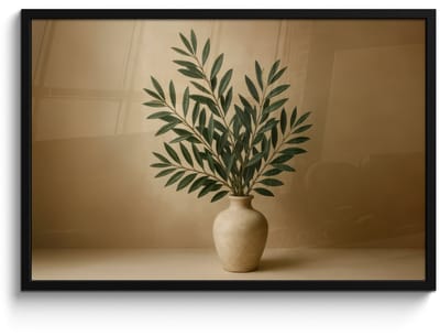 Poster in lijst - Fotolijst 90x60 cm - Posters - Vaas - Olijftakken - Bladeren - Beige - Posterlijst zwart - Decoratie - Wanddecoratie woonkamer - Muurdecoratie slaapkamer
