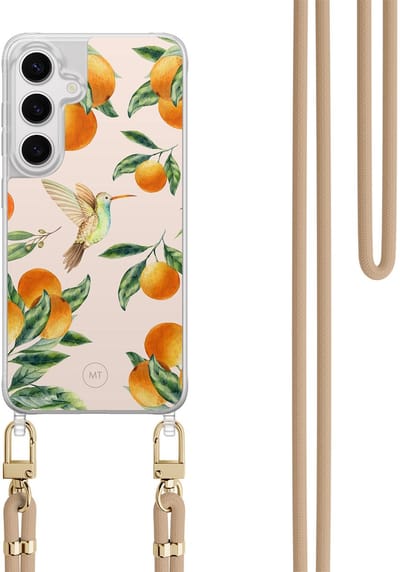 Hoesje met koord geschikt voor Samsung Galaxy S24 - Tropical fruit - Inclusief Beige koord - Crossbody beschermhoes - Transparant, Multi - Mooie Telefoonhoesjes