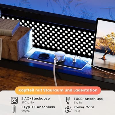 Gestoffeerd Opbergbed 180x200 cm met LED Hoofdeinde & USB – Hydraulisch Tweepersoonsbed met Lattenbodem, Opbergruimte & Rugleuning – Grijs – Zonder Matras – Pauwhome