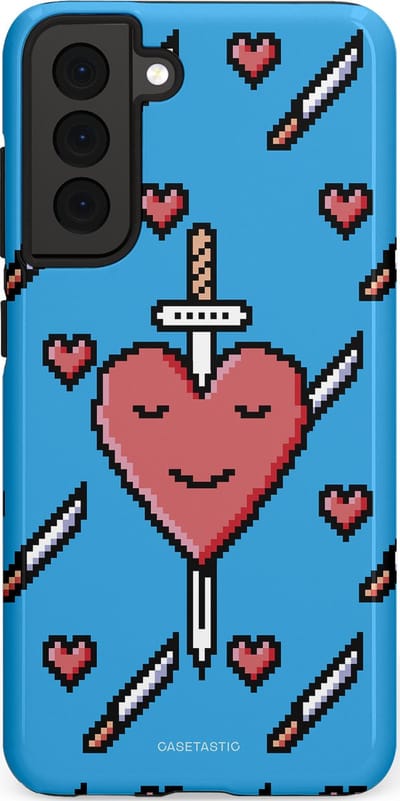 Casetastic hoesje geschikt voor Samsung Galaxy S21 FE 5G - Dubbellaagse bescherming - Zwaard saga - Fashion Case - Lichtblauw Zwart Koraal