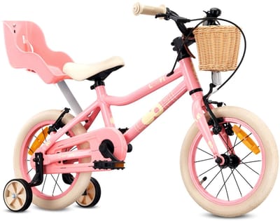 Sun Baby Kinderfiets 14 Inch LOOFI, Fiets voor Meisje 3-5 Jaar, lichtgewicht 6.6 kg, aluminium frame, met poppenzitje, zijwieltjes, mandje, bel, stickers - Roze