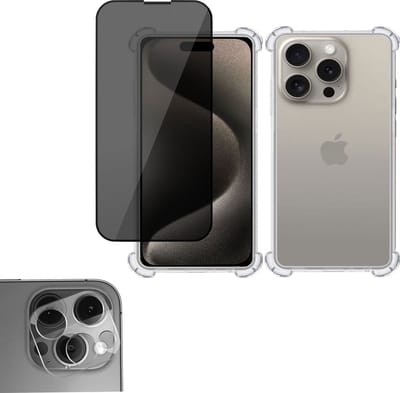 Hoesje geschikt voor iPhone 15 + Privé Screenprotector + Beschermglas Camera Lens - Privacy Proteqt+