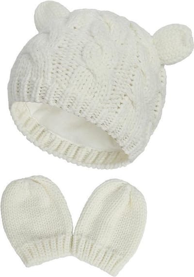 Baby Muts en Wanten Set – Crème / Wit – Beertje – Katoenen Voering – 6–18 maanden (Maat L)