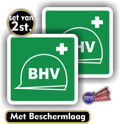 Jerma - BHV - Sticker - bedrijf hulp verlener - 2 st - 14x14 cm - Vinyl - Zelfklevend - Weerbestendig