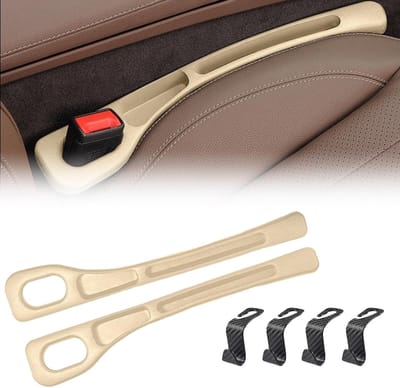 Dailygoods- Opbergbox - 2 Stuks Autostoel Vuller - Universele Autostoel Spleetvuller - Inclusief 4 Opberghaken - PU-Elastomateriaal - Beige - Autostoelvuller