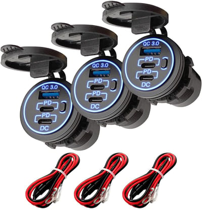 ProRide 12V USB-C Wandcontactdoos Inbouw - USB-A en USB-C - 3 Poorten - QC3.0 - Blauw - Kabel en Zekering - 3 stuks