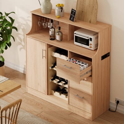 STILVORA Dressoir - Met Led, Stopcontact En Wijnrek - Opbergkast Voor Keuken En Thuisbar - MDF - 120x40x121 Cm - Natuurlijk;Wit