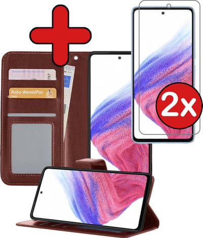 Hoesje - Met 2x Screenprotector - Geschikt voor Samsung Galaxy A53 - Luxe Pasjeshouder - Flip Case - Bookcase Portemonee - Kunstleer Book Case - Flipcase Hoes - Book Cover - Walletcase - Portemonneehoes - Telefoonhoes - Bruin