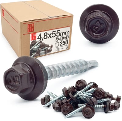 LUN FIX - Trapezblechschroeven 4,8 x 55 mm - 250 stuks - Chocoladebruin RAL 8017 - Spenglerschroeven met dichtschijf