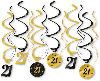 LUQ – Swirls 21 Jaar – Zwart-Goud – Luxe Hangdecoratie – Glam & Grown – Birthday Slingers Versiering – 12 Stuks