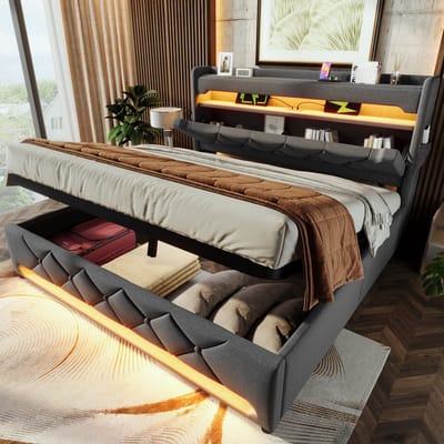 SINGULARITY-Gestoffeerd tweepersoonsbed 140 x 200- opberghoofdeinde met USB- en Type C-aansluiting- grijs- zonder matras