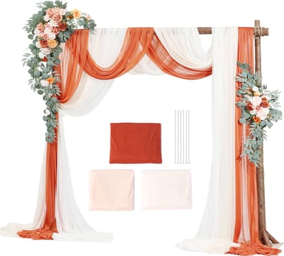 Kunstmatige Huwelijksboog Bloemenset – 5-Pack – met Gordijnset, 2-Delig Bloemstuk, 3-Delig Doorschijnend Gordijn, voor Ceremonie, Boeketten, Receptie Achtergronddecoratie, Oranje