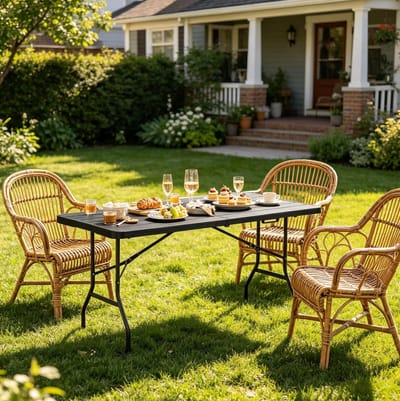 Eettafel - Opklapbare Tafel Voor 8 Personen Met Houtlook - Voor Balkon Tuin Camping En Buiten Dineren - HDPE En Metaal - 180x74x70 Cm - Zwart