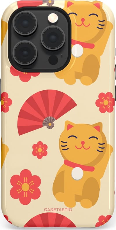 Casetastic hoesje geschikt voor Apple iPhone 15 Pro - MagSafe - Dubbellaagse bescherming - Japanse Poezenvreugde - Lucky Cats - Fashion Case - Crème Koraal Goud