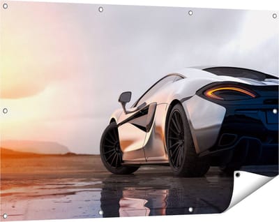Gards Tuinposter Zilveren Sportwagen Auto bij Zonsondergang - 120x80 cm - Tuindoek - Tuindecoratie - Wanddecoratie buiten - Tuinschilderij