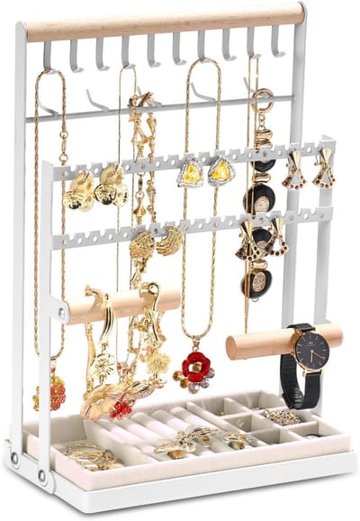 Sieradenstandaard met 15 haken voor kettingen, armbanden en oorbellen, praktische organizer met opbergbasis voor sieraden