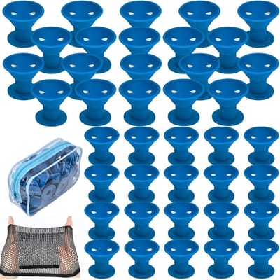 Siliconen-haarrollers zonder hitte, 40 stuks (20 grote + 20 kleine) met haarnet in PVC-tas, veilig haarstylinggereedschap voor vrouwen en meisjes (lichtblauw)