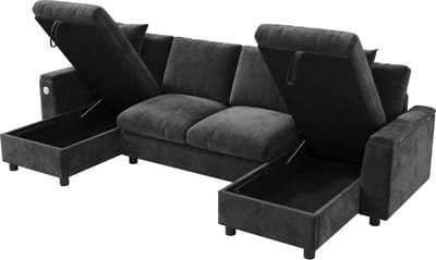 REDOM - U-Vormige Bank - Met Opbergruimte En Laadaansluitingen - Modern - Chenille - Grijs - 284 X 135 X 84 Cm