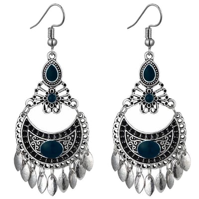 Fako Bijoux® - Oorbellen - Bohemian - Boho Leafs - Donkerblauw - Zilverkleurig