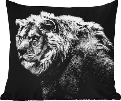 Tuinkussen - Leeuw - Portret - Wilde dieren - Zwart - Wit - 40x40 cm - Weerbestendig