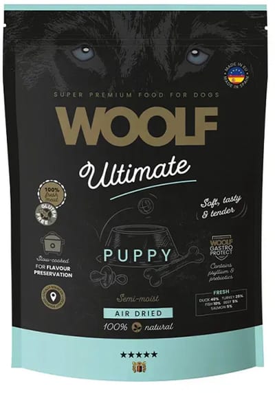 Woolf ultimate PUPPY voeding - semi-moist air dried - 100% naturel - glutenvrij + prebiotics - als voeding of als trainingssnack - eend 40% - kalkoen 25% - vis 10% - zalm 5% Super premium 1 kg-