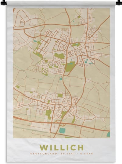 Wandkleed - Wanddoek - Willich - Kaart - Vintage- Stadskaart - Plattegrond - 120x180 cm - Wandtapijt
