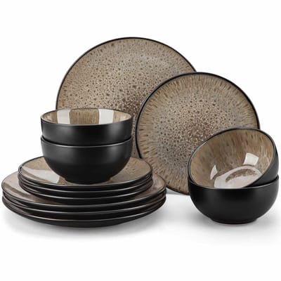 Luxe Serviesset – 12 delig – 4 persoons – Steengoed - Bordenset – Dinner platen – Dessertborden - Kommen - Bruin