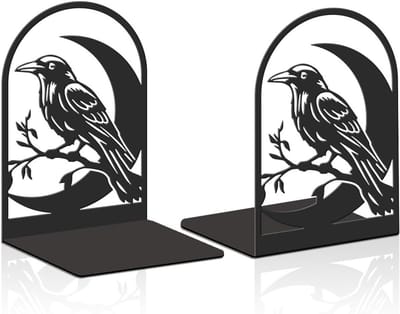 Zwarte metalen boeksteunen met maan en kraai - Stevige boeksteunen voor boekenplanken, kantoor en school, decoratieve leesaccessoires