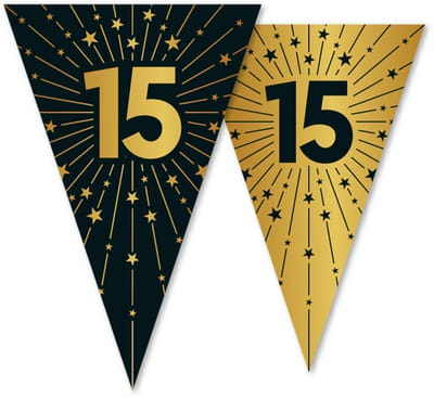 Vlaggenlijn 15 jaar zwart / goud 10 meter 2 zijdig bedrukt - Verjaardag Feestje Vlag Vlaggen Versiering Slinger Feestdecoratie Decoratie