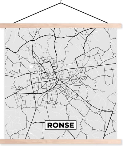 Posterhanger incl. Poster 40x40 cm - Schoolplaat - Zwart Wit – België – Plattegrond – Stadskaart – Kaart – Ronse - Textielposter - Blanke latten - Stadskaart